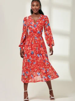 Floral Long Sleeve Mesh Midi Dress, Red Floral