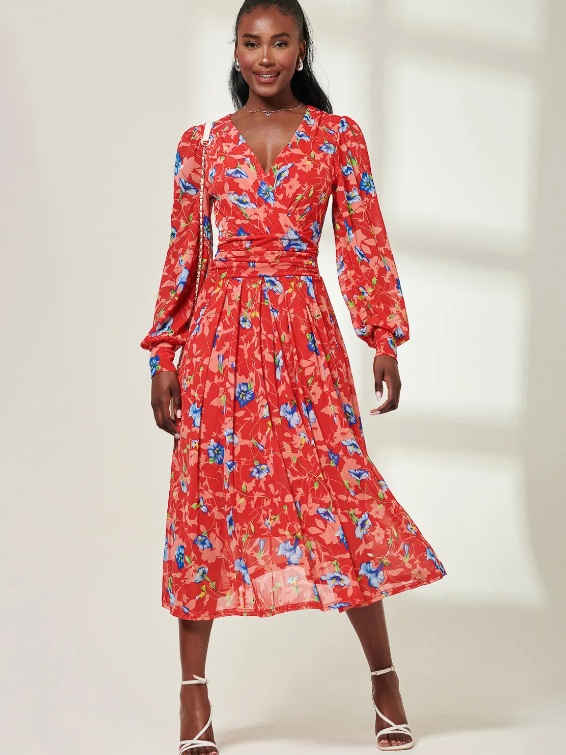Floral Long Sleeve Mesh Midi Dress, Red Floral
