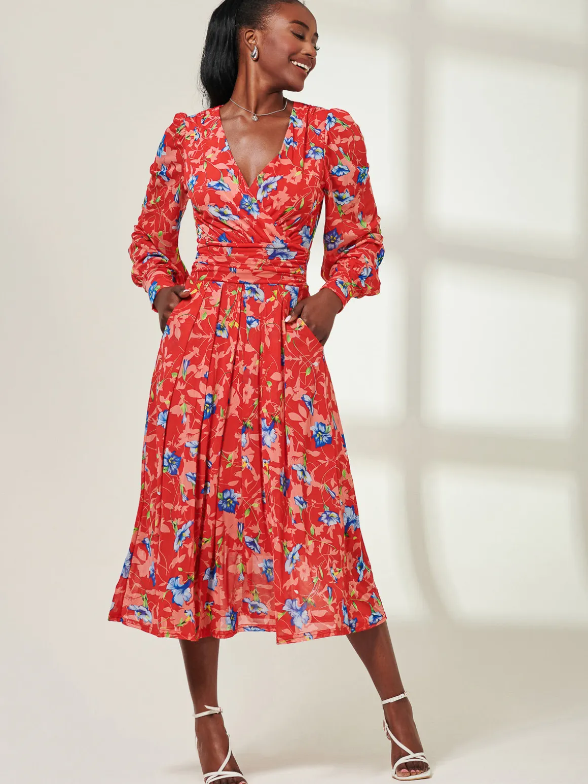 Floral Long Sleeve Mesh Midi Dress, Red Floral
