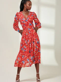 Floral Long Sleeve Mesh Midi Dress, Red Floral