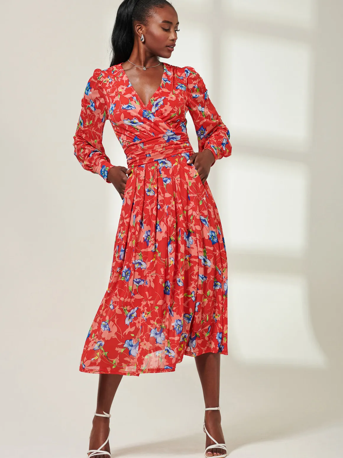 Floral Long Sleeve Mesh Midi Dress, Red Floral