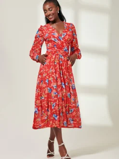Floral Long Sleeve Mesh Midi Dress, Red Floral
