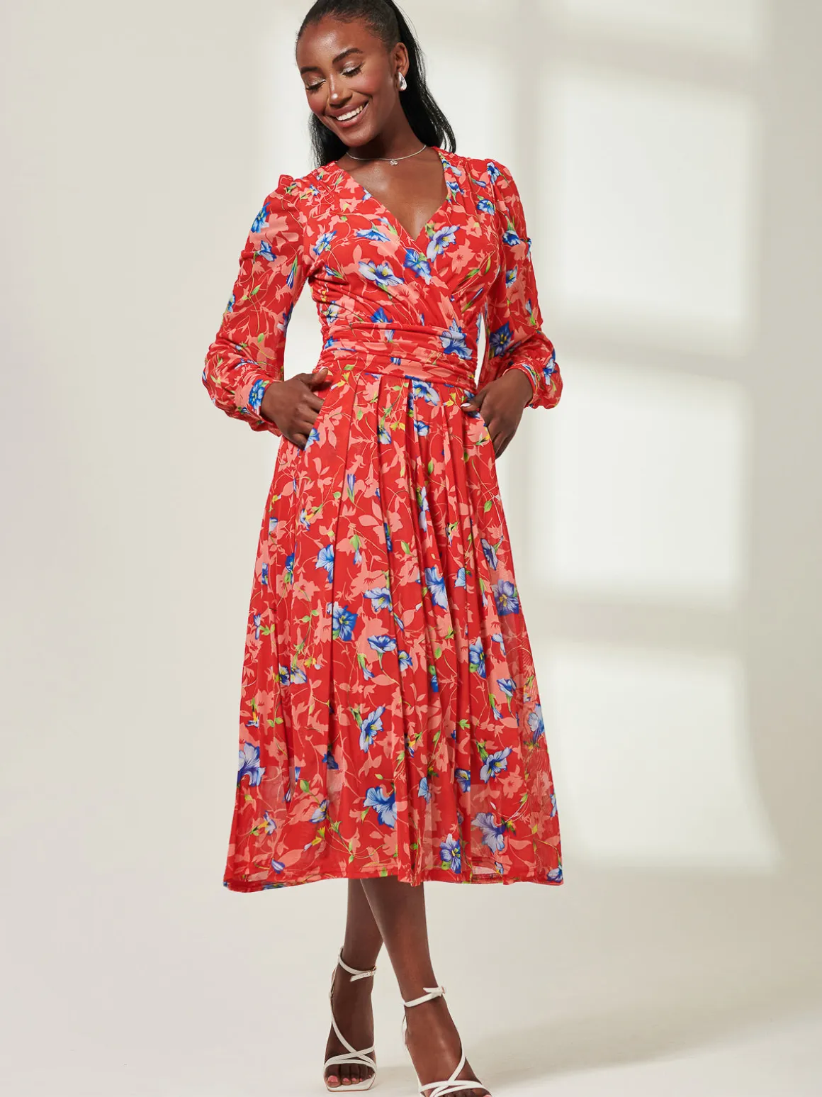 Floral Long Sleeve Mesh Midi Dress, Red Floral