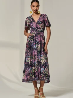 Floral Mesh Angel Sleeve Midaxi Dress, Floral Multi