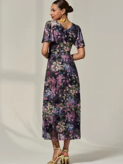 Floral Mesh Angel Sleeve Midaxi Dress, Floral Multi