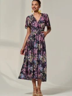 Floral Mesh Angel Sleeve Midaxi Dress, Floral Multi