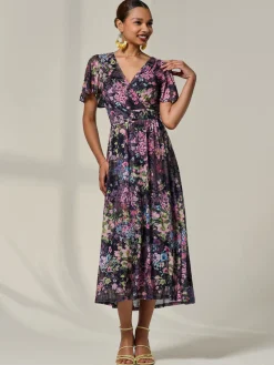 Floral Mesh Angel Sleeve Midaxi Dress, Floral Multi