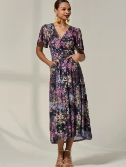 Floral Mesh Angel Sleeve Midaxi Dress, Floral Multi