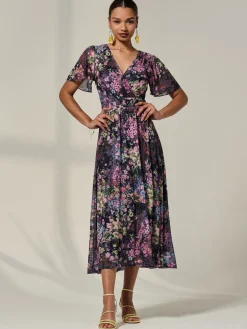 Floral Mesh Angel Sleeve Midaxi Dress, Floral Multi