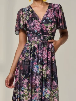 Floral Mesh Angel Sleeve Midaxi Dress, Floral Multi
