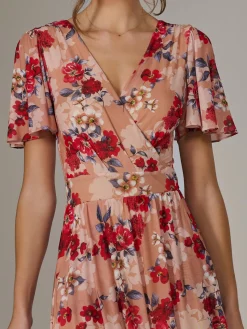 Floral Mesh Wrap Maxi Dress, Red Floral