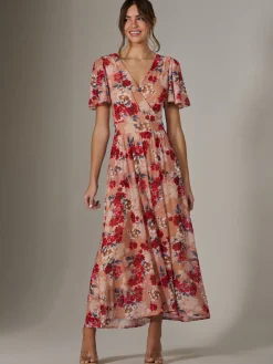 Floral Mesh Wrap Maxi Dress, Red Floral