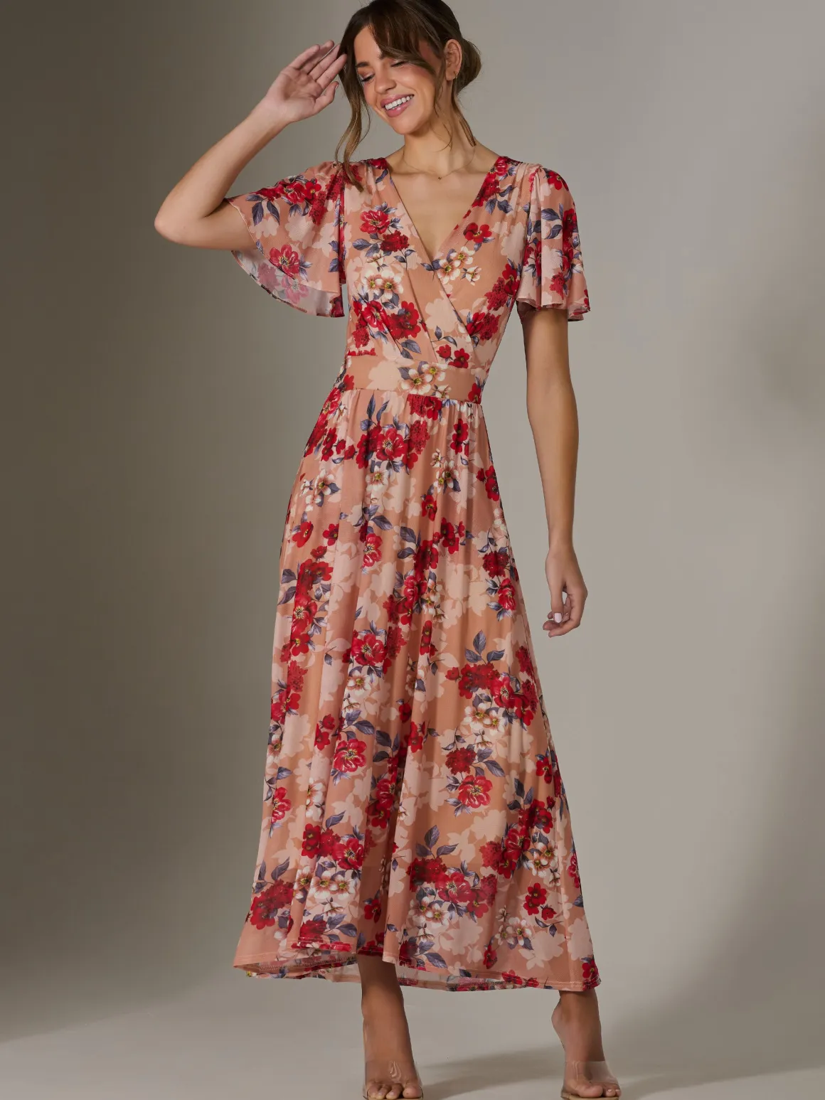 Floral Mesh Wrap Maxi Dress, Red Floral
