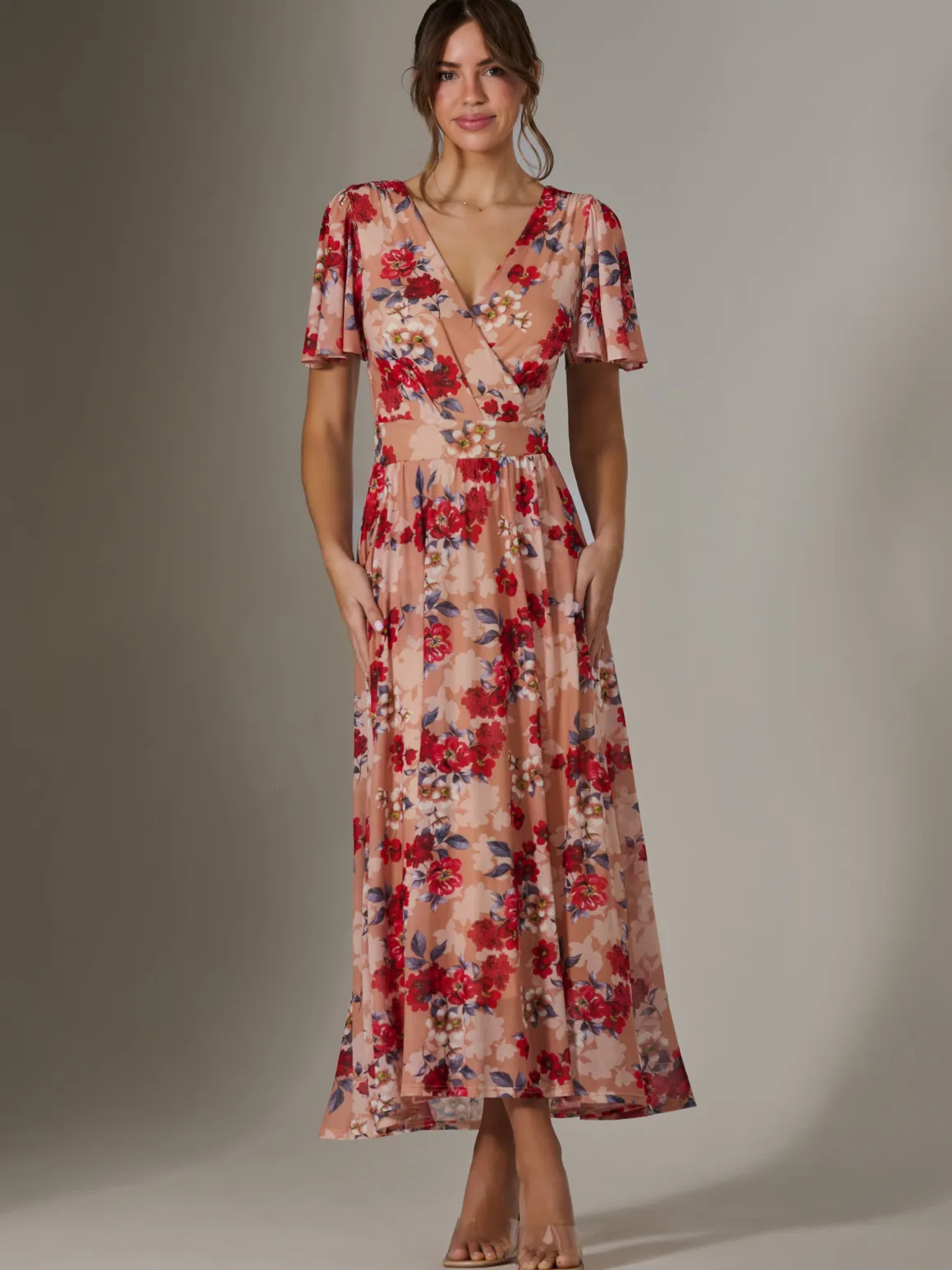 Floral Mesh Wrap Maxi Dress, Red Floral