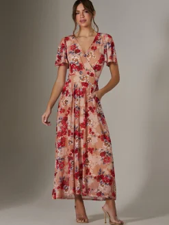 Floral Mesh Wrap Maxi Dress, Red Floral