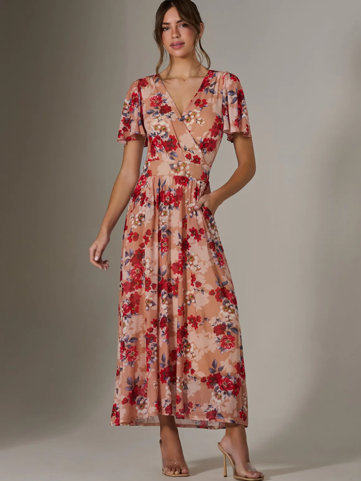 Floral Mesh Wrap Maxi Dress, Red Floral