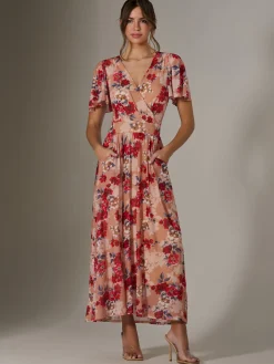 Floral Mesh Wrap Maxi Dress, Red Floral