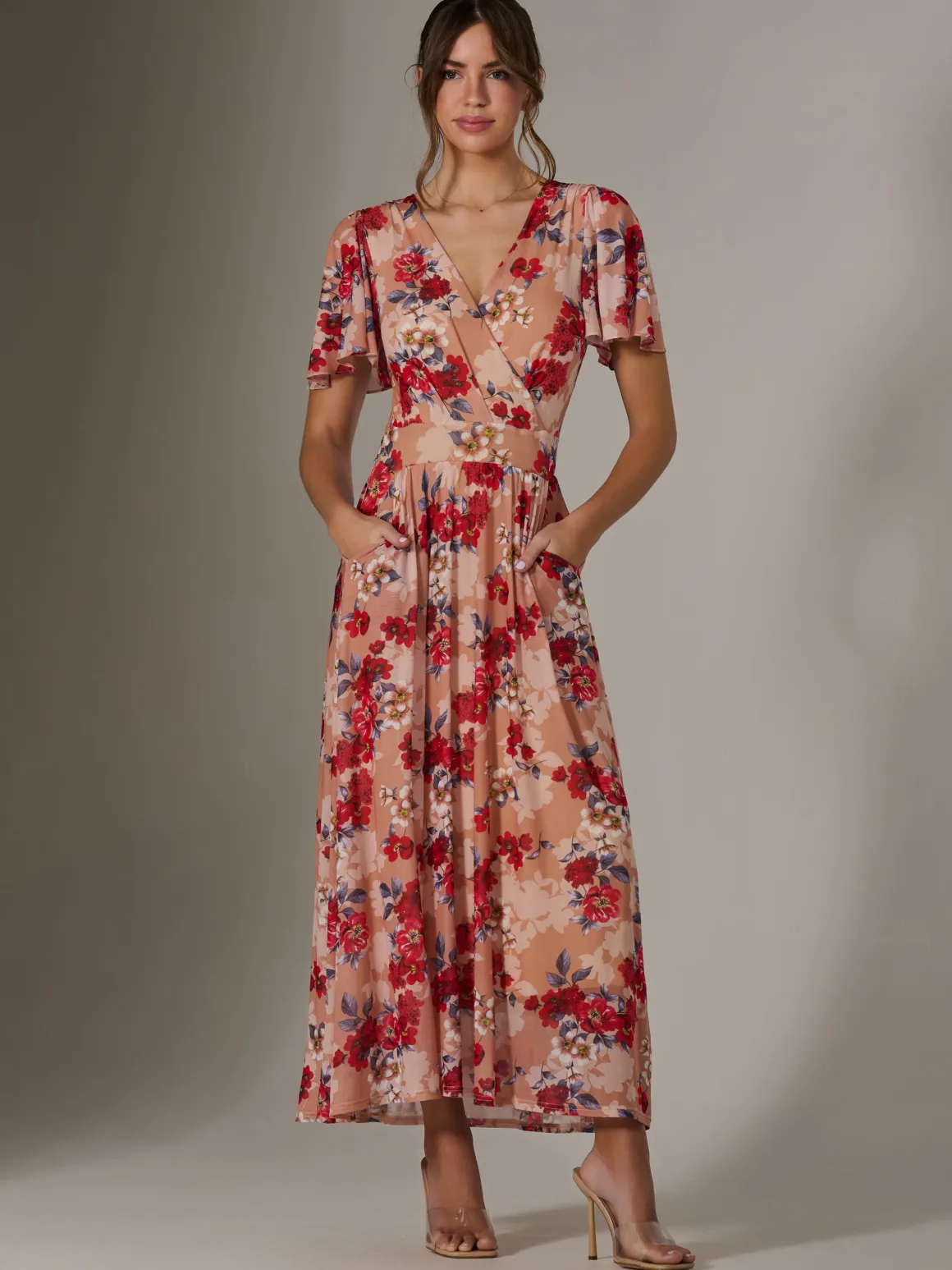 Floral Mesh Wrap Maxi Dress, Red Floral
