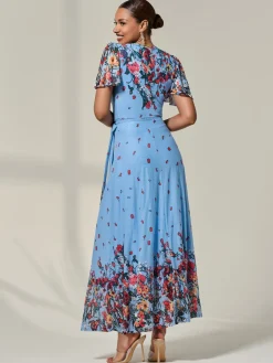 Floral Mirror Mesh Wrap Maxi Dress, Blue Floral