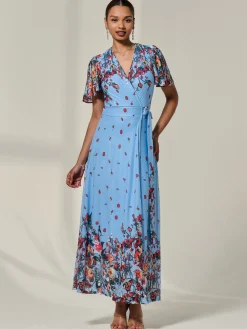 Floral Mirror Mesh Wrap Maxi Dress, Blue Floral