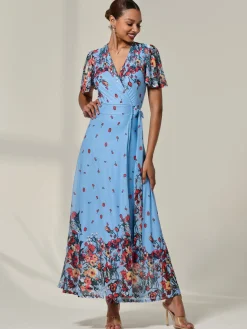 Floral Mirror Mesh Wrap Maxi Dress, Blue Floral