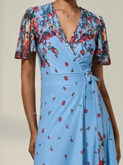 Floral Mirror Mesh Wrap Maxi Dress, Blue Floral