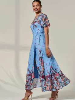 Floral Mirror Mesh Wrap Maxi Dress, Blue Floral