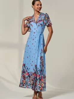 Floral Mirror Mesh Wrap Maxi Dress, Blue Floral