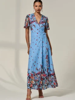Floral Mirror Mesh Wrap Maxi Dress, Blue Floral