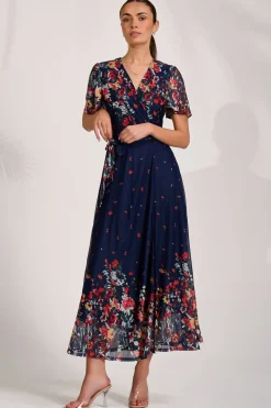Floral Mirror Mesh Wrap Maxi Dress, Floral Multi