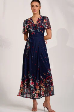 Floral Mirror Mesh Wrap Maxi Dress, Floral Multi