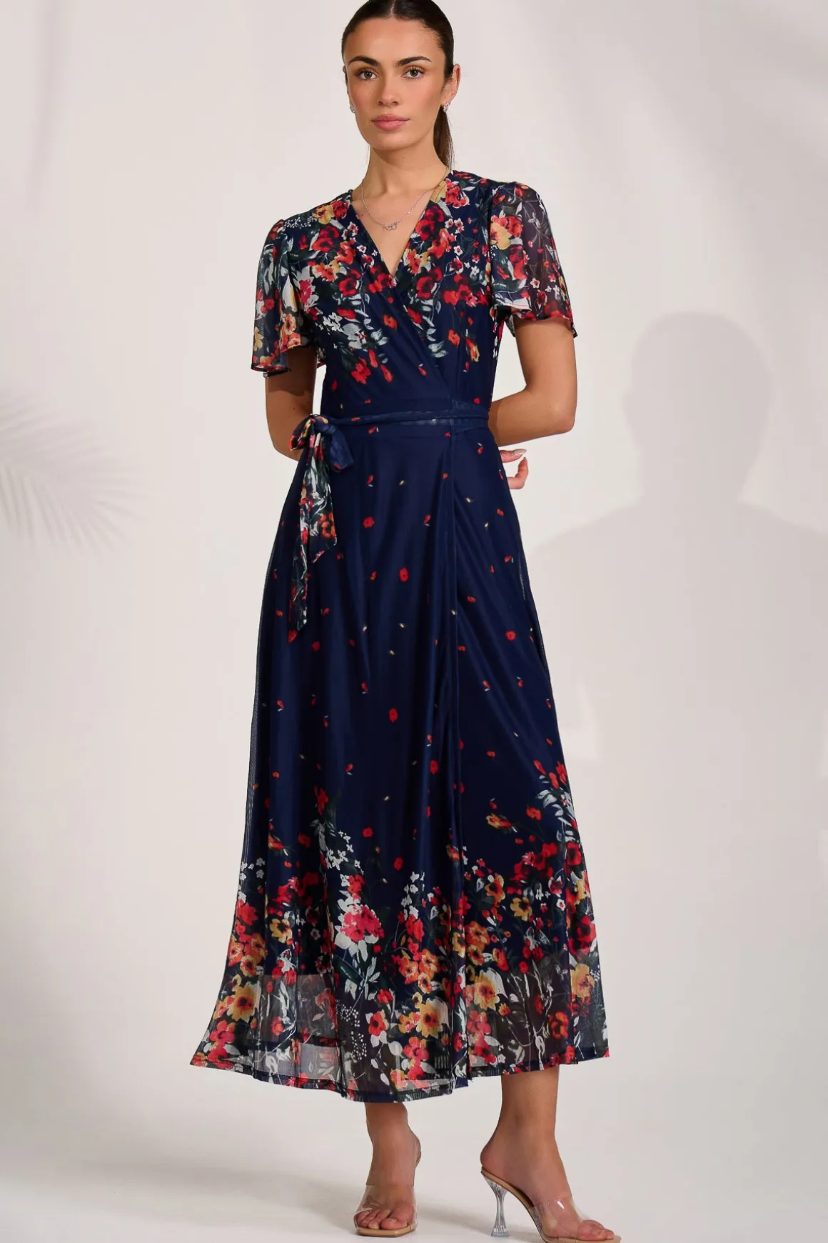 Floral Mirror Mesh Wrap Maxi Dress, Floral Multi