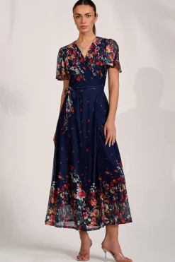 Floral Mirror Mesh Wrap Maxi Dress, Floral Multi