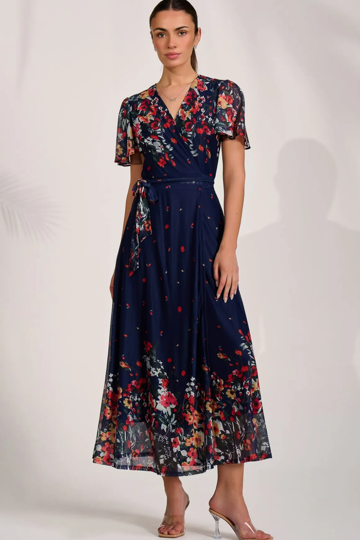 Floral Mirror Mesh Wrap Maxi Dress, Floral Multi
