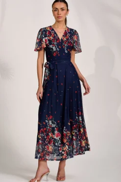 Floral Mirror Mesh Wrap Maxi Dress, Floral Multi