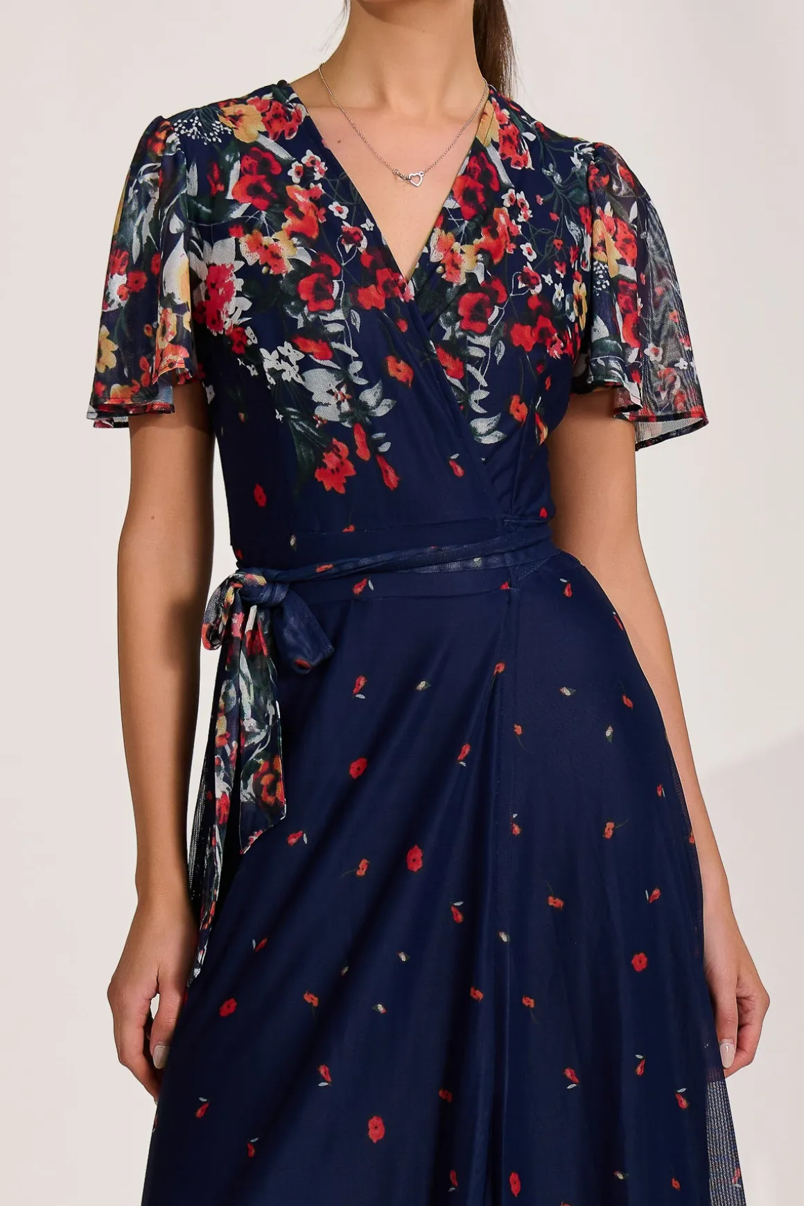 Floral Mirror Mesh Wrap Maxi Dress, Floral Multi