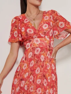 Floral Pleated Chiffon Dip Hem Dress, Orange Multi