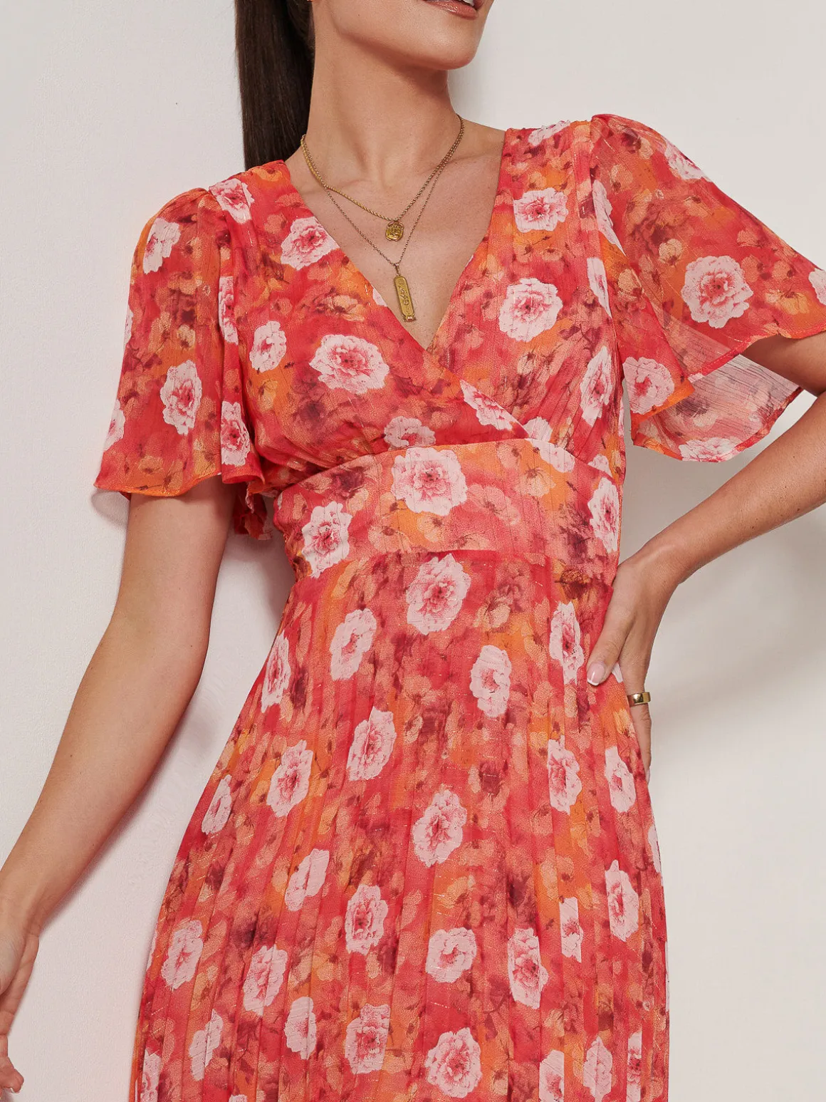 Floral Pleated Chiffon Dip Hem Dress, Orange Multi