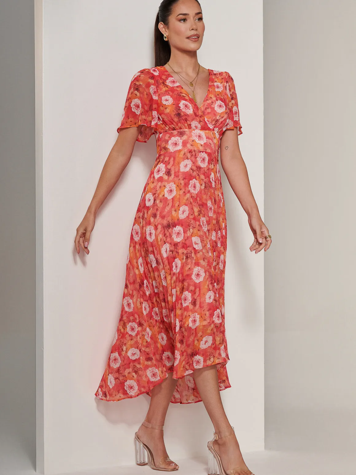 Floral Pleated Chiffon Dip Hem Dress, Orange Multi
