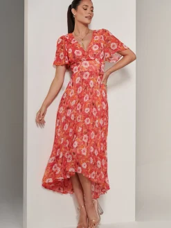 Floral Pleated Chiffon Dip Hem Dress, Orange Multi