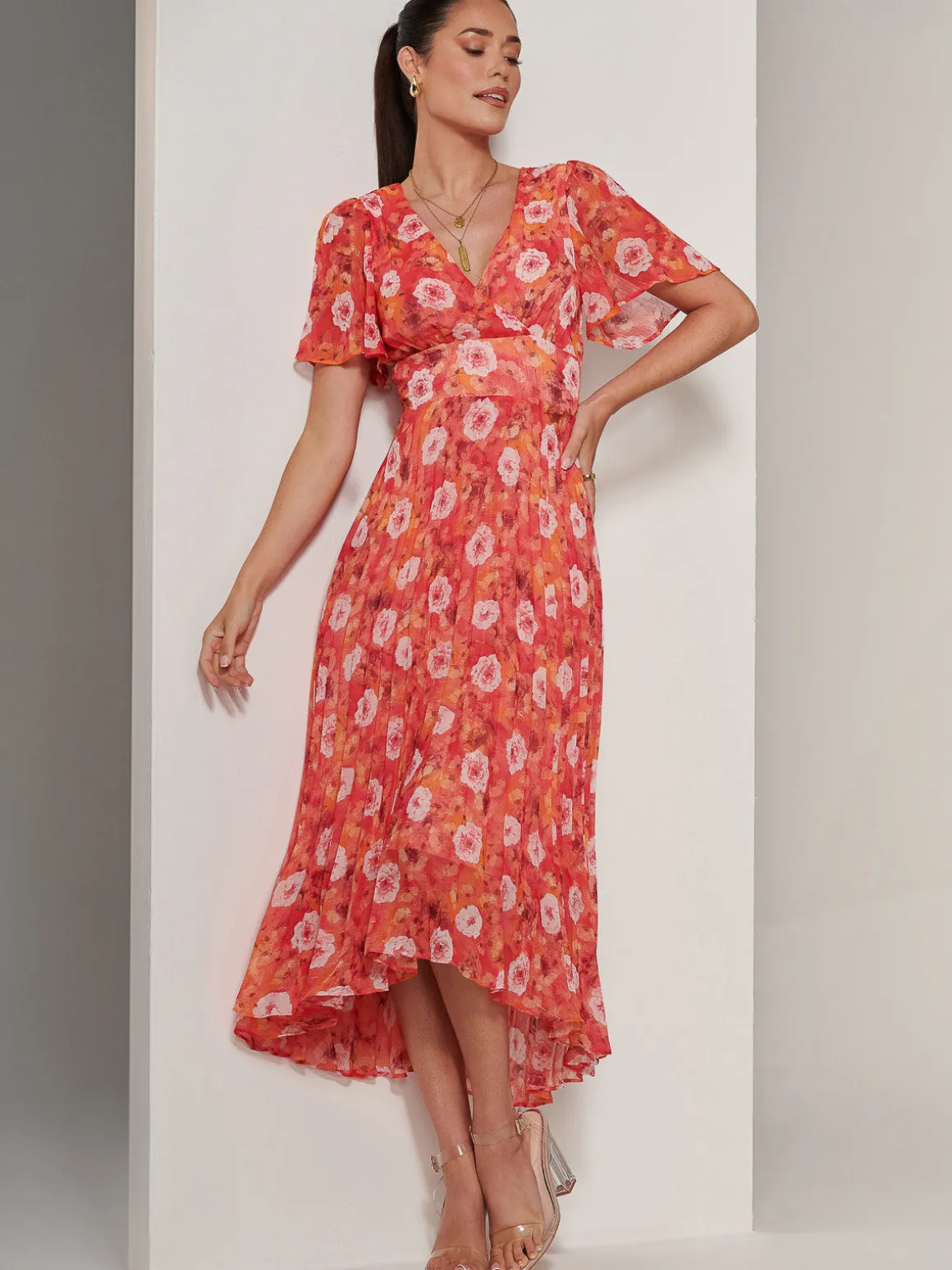 Floral Pleated Chiffon Dip Hem Dress, Orange Multi