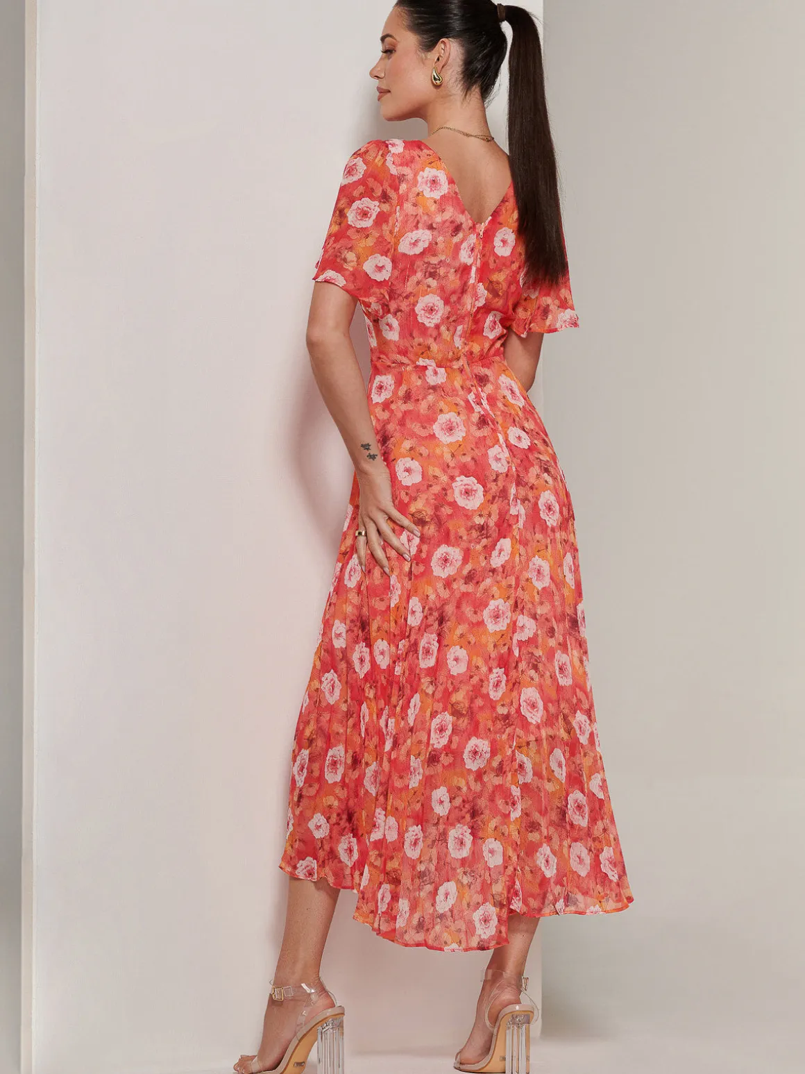 Floral Pleated Chiffon Dip Hem Dress, Orange Multi