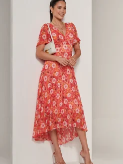 Floral Pleated Chiffon Dip Hem Dress, Orange Multi
