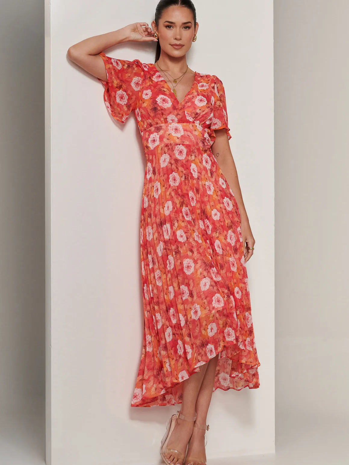 Floral Pleated Chiffon Dip Hem Dress, Orange Multi