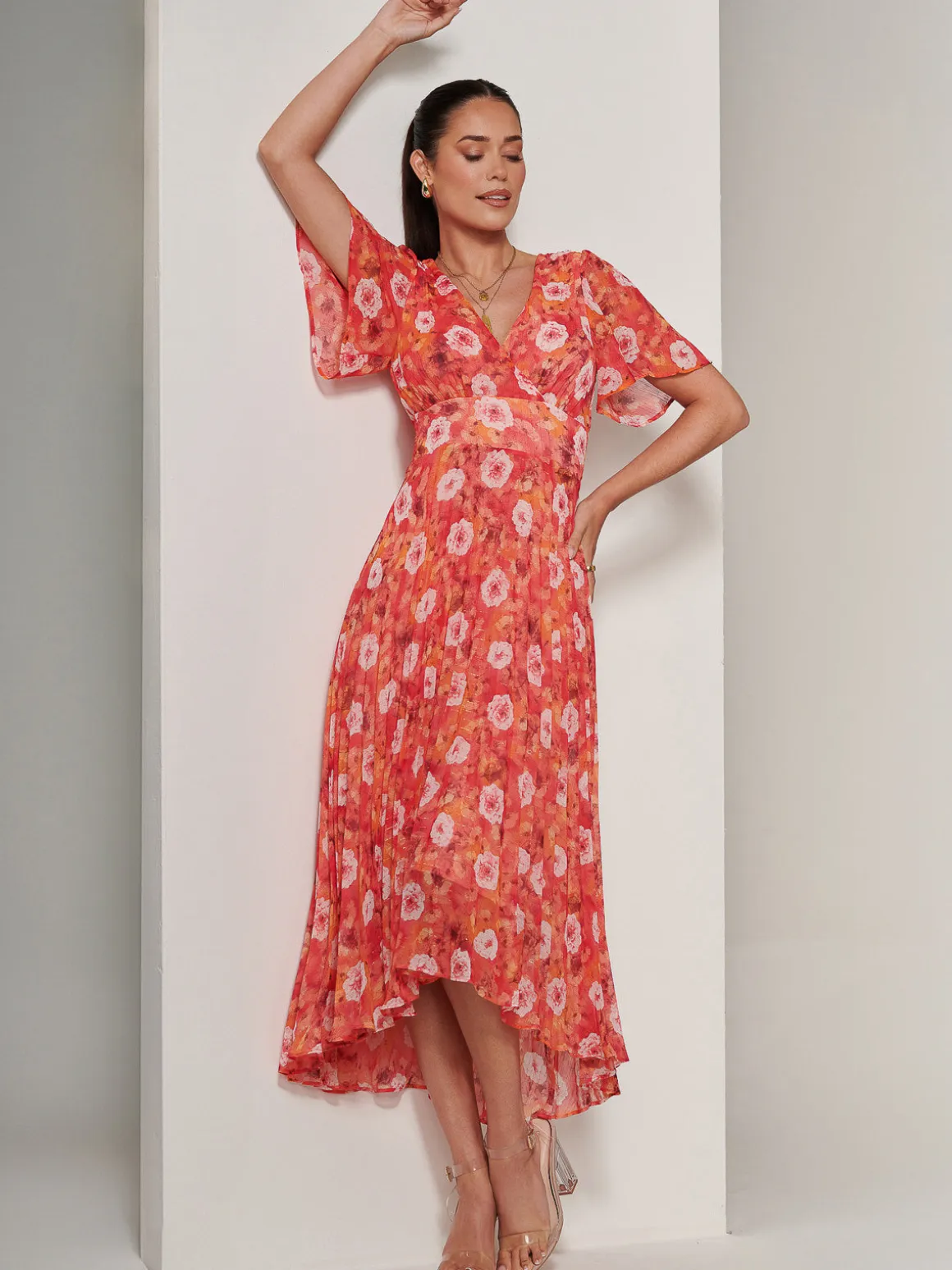 Floral Pleated Chiffon Dip Hem Dress, Orange Multi