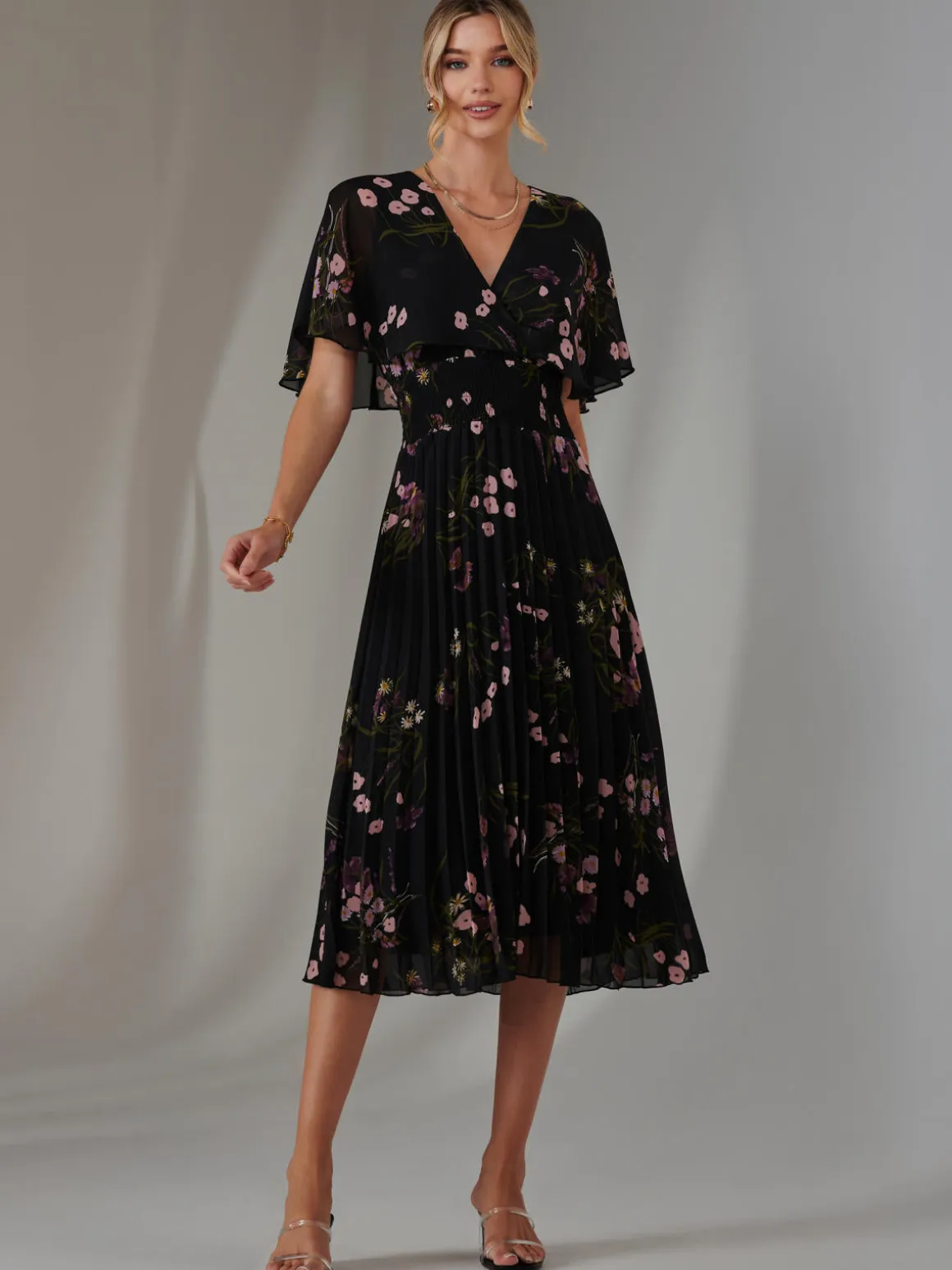 Floral Print Chiffon Pleated Dress, Black Pink Floral