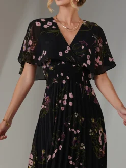 Floral Print Chiffon Pleated Dress, Black Pink Floral