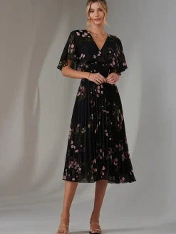 Floral Print Chiffon Pleated Dress, Black Pink Floral