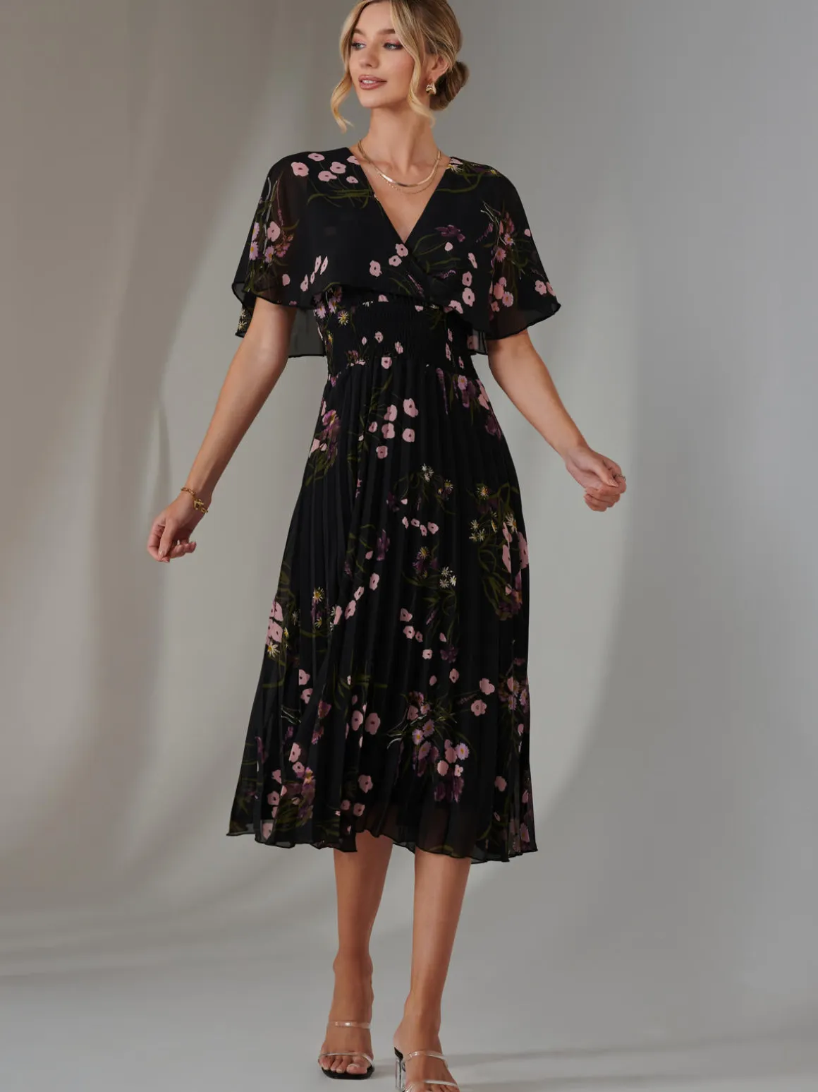 Floral Print Chiffon Pleated Dress, Black Pink Floral