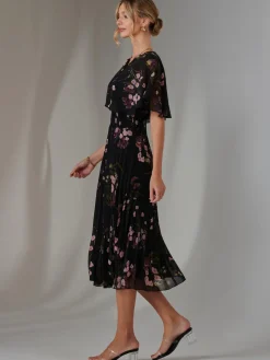 Floral Print Chiffon Pleated Dress, Black Pink Floral